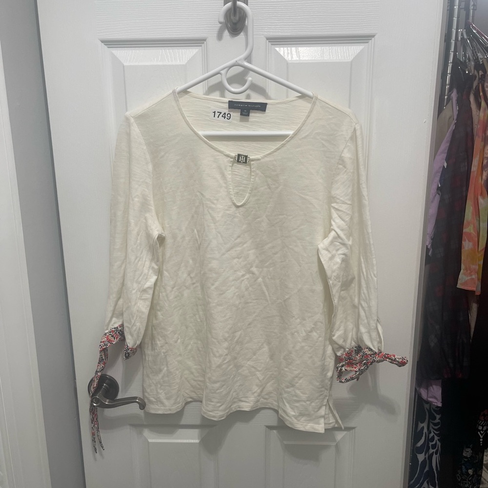 Tommy Hilfiger White Blouse with Patterned Sleeve Ties